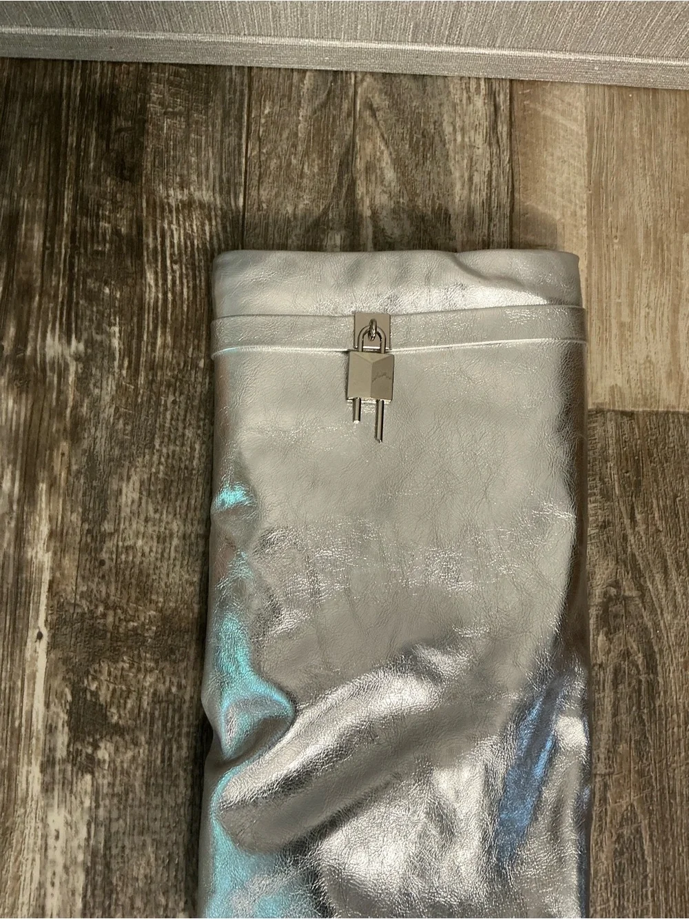 NWOB Fashion Nova Metallic Silver Knee-High Wedge Boots Size 9